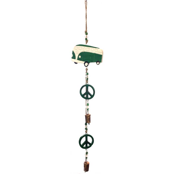 Mango Wood Bell Chimes - Camper Van Vintage Green 32" for wholesale by Jafsons International
