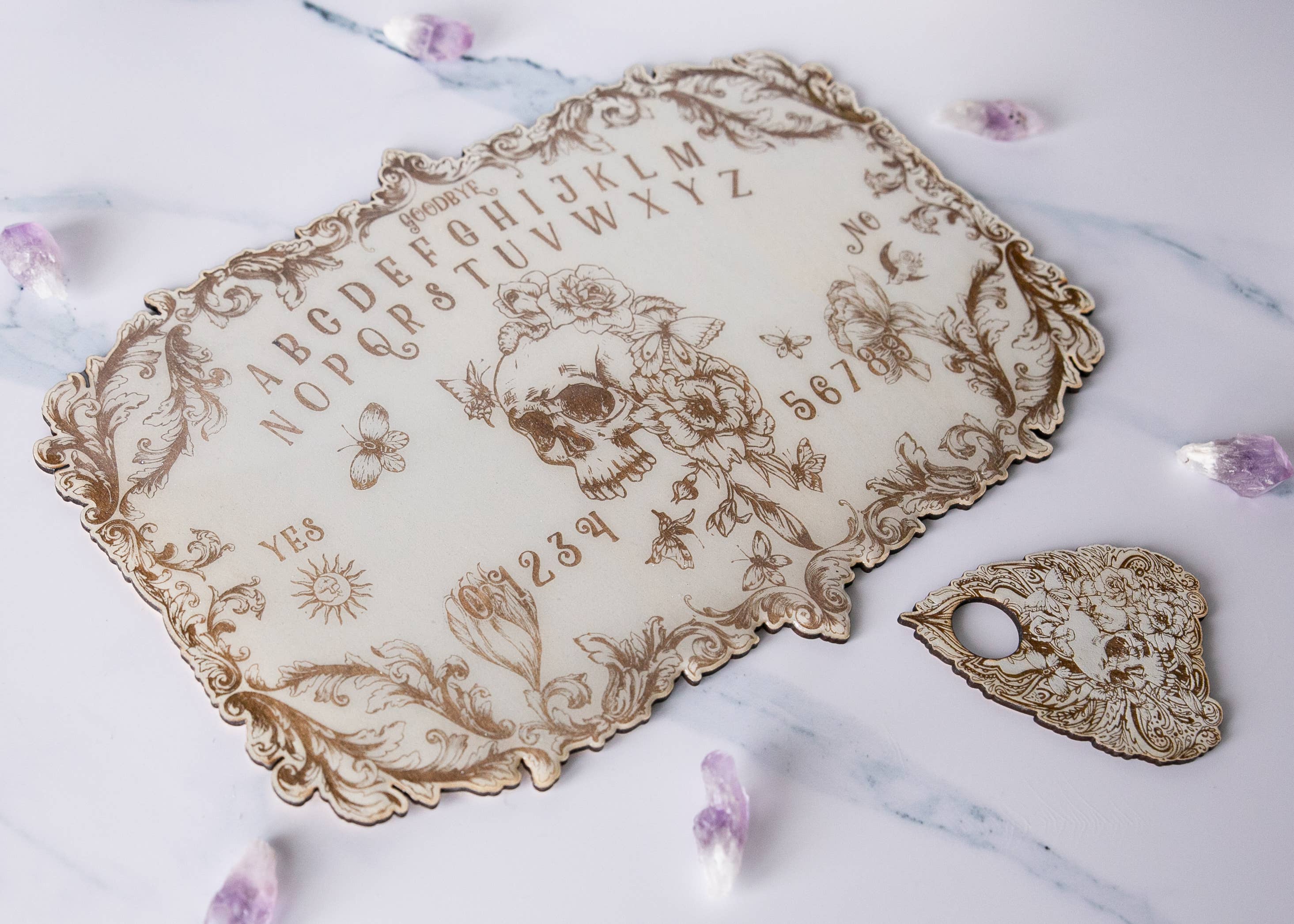 Ink and Flowers Designs - Wholesale Spirit Board - Floral Skull Spirit Board Heirloom White3