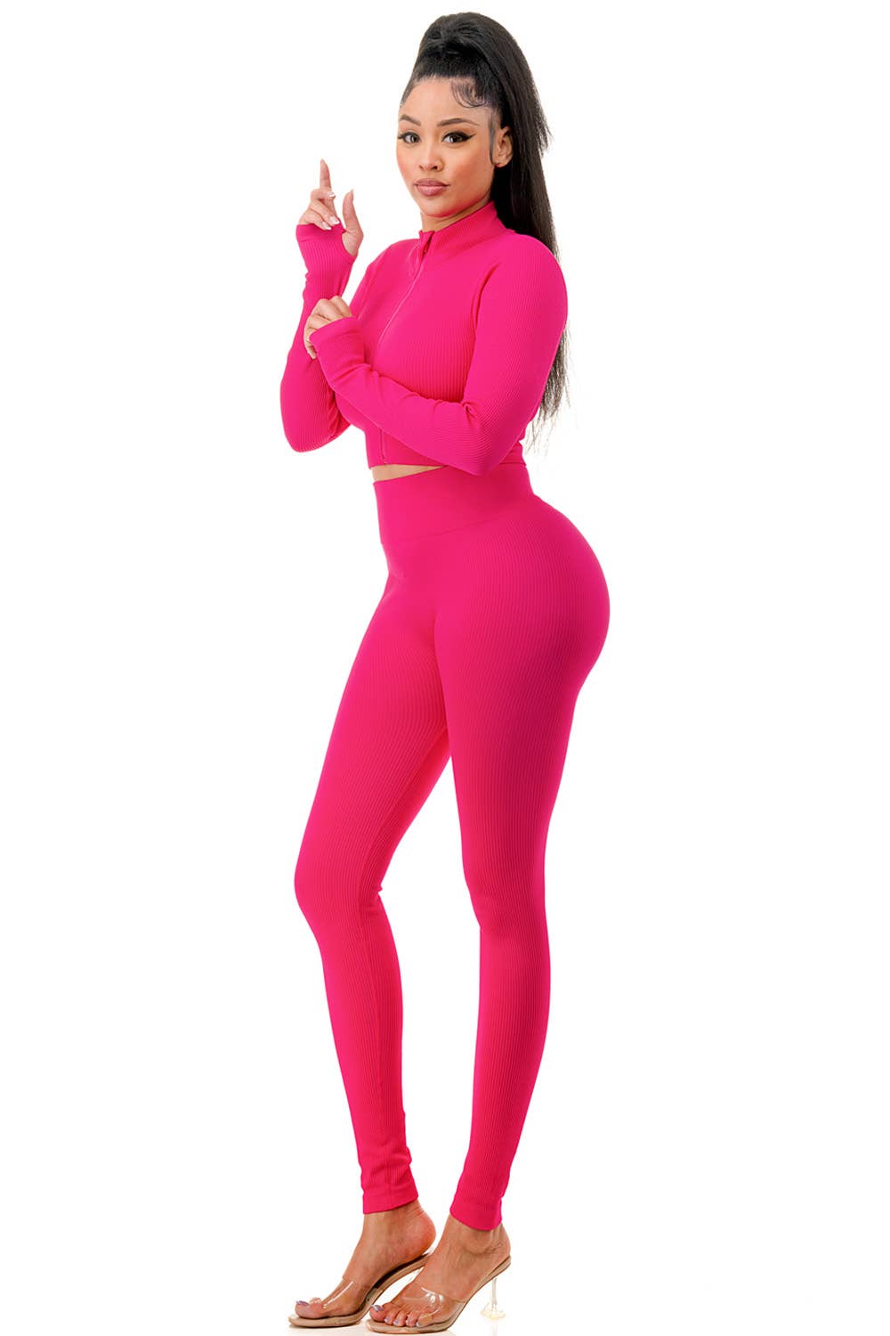 MIO WHOLESALE - Wholesale Top & Pant Set (NOT Loungewear) - Women's - JA60SET SOLID RIB ZIP-UP FRONT CROP JACKET SET5