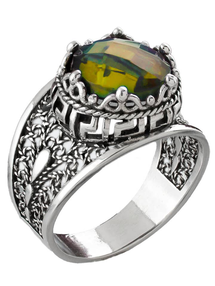 Bague en argent pour femme avec motif clé grecque et alexandrite pour la vente par Filigranist Jewelry
