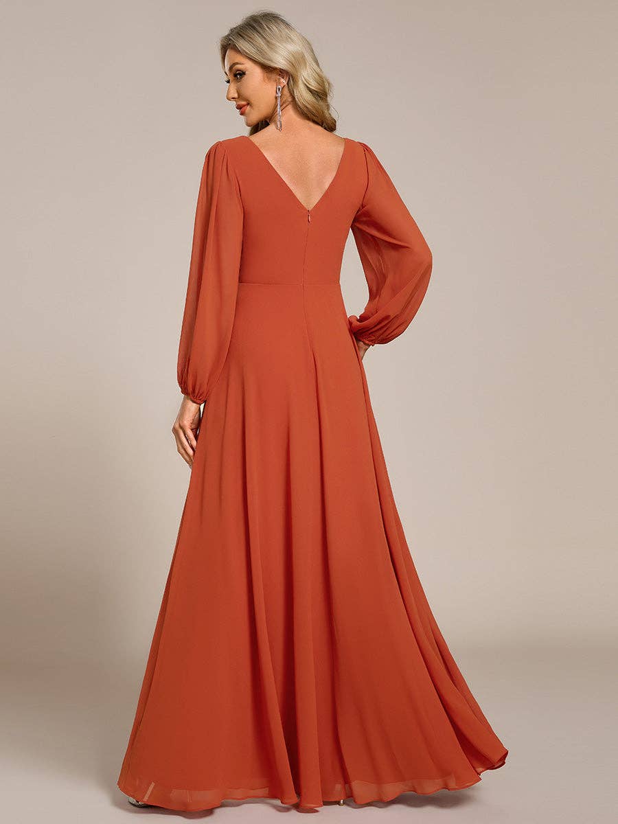 Ever-Pretty - Wholesale Gown - Women's - Elegant waisted chiffon V-neck Long Sleeve guest Dress69