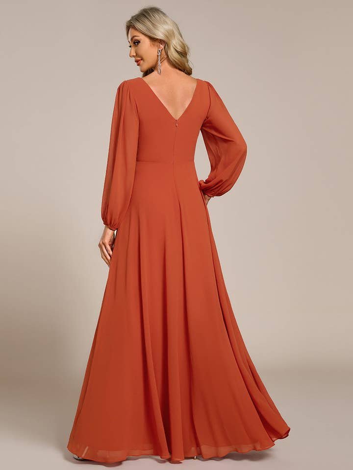 Ever-Pretty - Wholesale Gown - Women's - Elegant waisted chiffon V-neck Long Sleeve guest Dress69