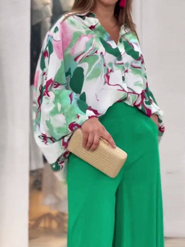 Plush Looks - Wholesale Set met top en broek (GEEN Loungewear) - Dames - Originele blouse in contrasterende kleur en stevige broek met wijde pijpen, set van 2 stuks2