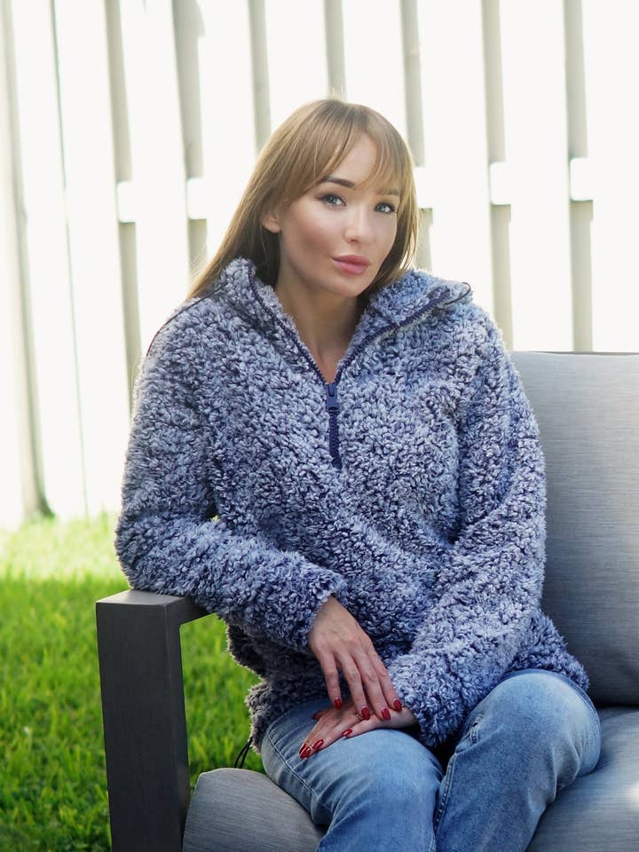 Melange Navy Sherpa Hooded Pullovers for wholesale on Faire