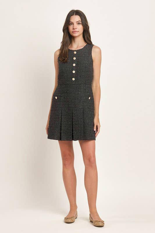 Black Sleeveless Tweed Pleated Mini Dress for wholesale on Faire2