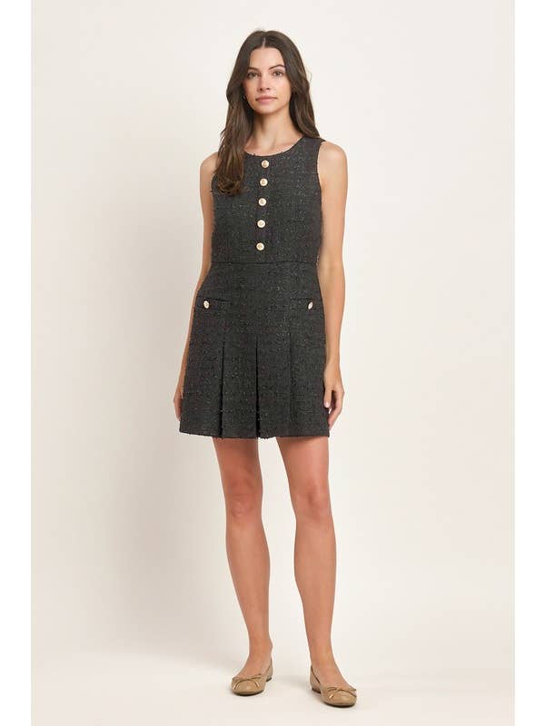 Black Sleeveless Tweed Pleated Mini Dress for wholesale on Faire2