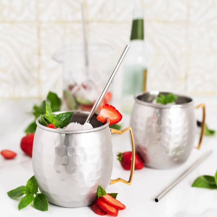 Sol Living - Wholesale Cocktail/Liquor Glass - Moscow Mule Mugs - 4 Pack - Siver/Copper (4 Cups + 4 Straws)1