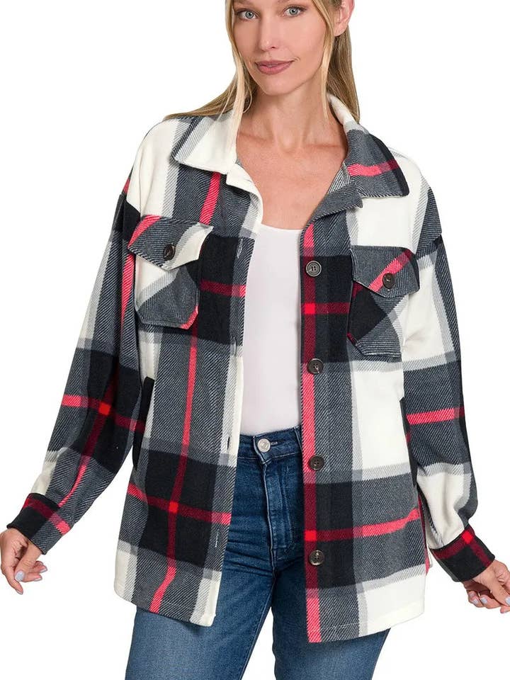 Zenana Oversized Plaid Fleece Shacket for wholesale by Garden Naked