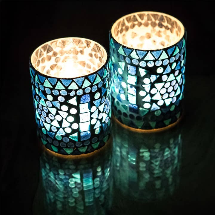 Candleholder cylinder 10cm glass mosaic for wholesale by Orientals