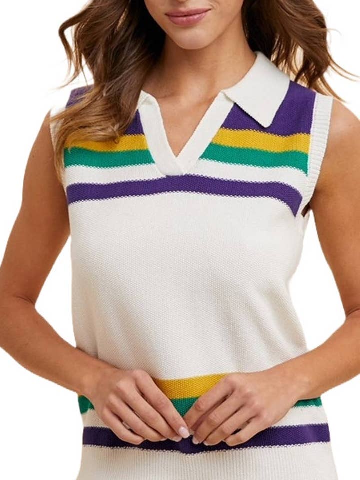Top de suéter sin mangas a rayas de Mardi Gras para venta al por mayor de Vanilla Monkey