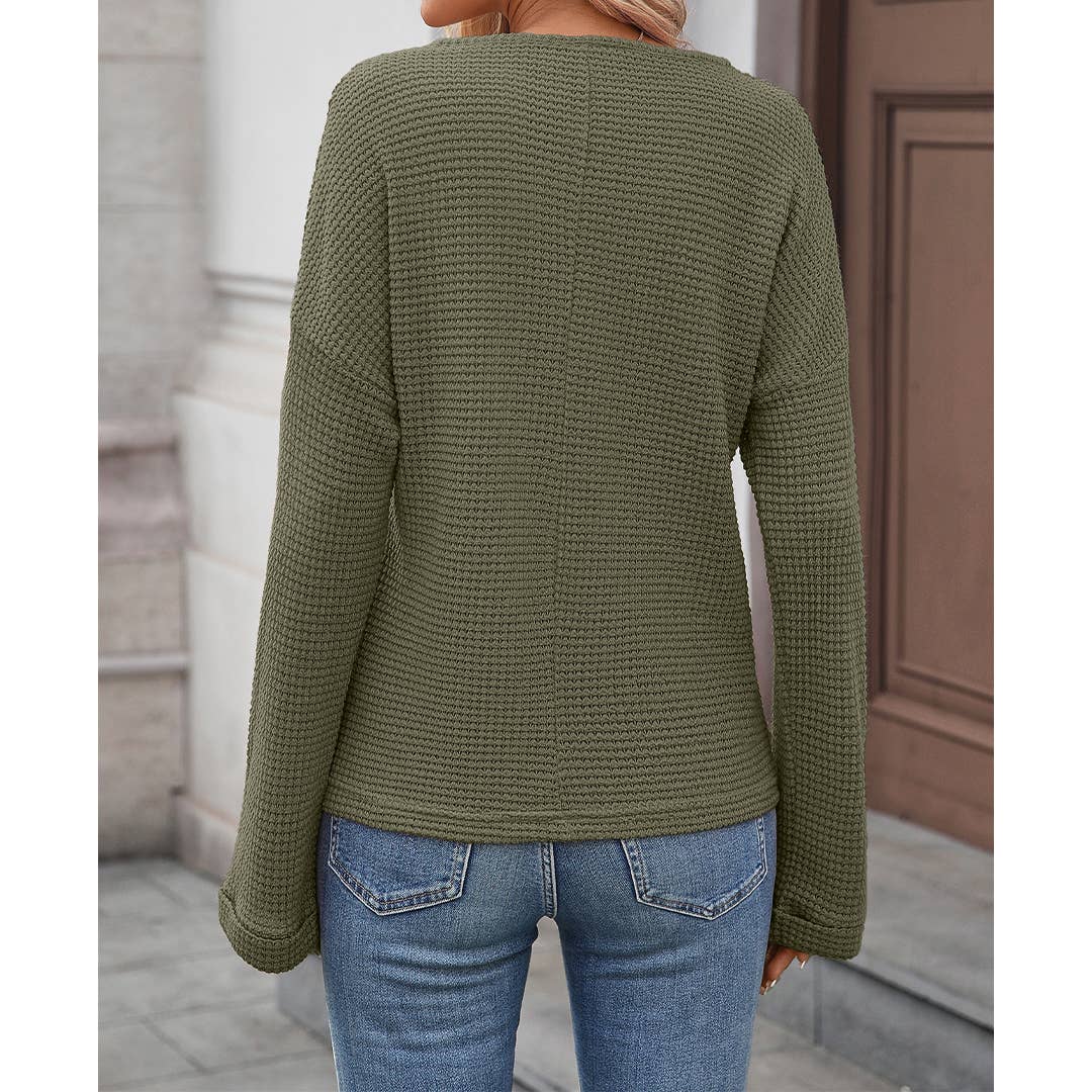 UNISHE - Wholesale Blouse - Women's - Striped Waffle Knit Long Sleeve Top MD23714