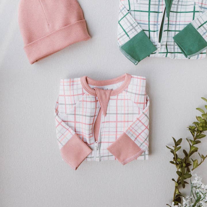multi Blush Plaid Baby Zip Romper for wholesale on Faire4