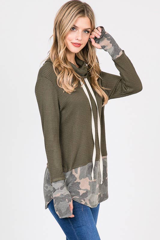 7th Ray - Wholesale Sweatshirt - Women's - Brushed Waffle Camo Contrast Thumbhole Cuff Twofer Top T20414