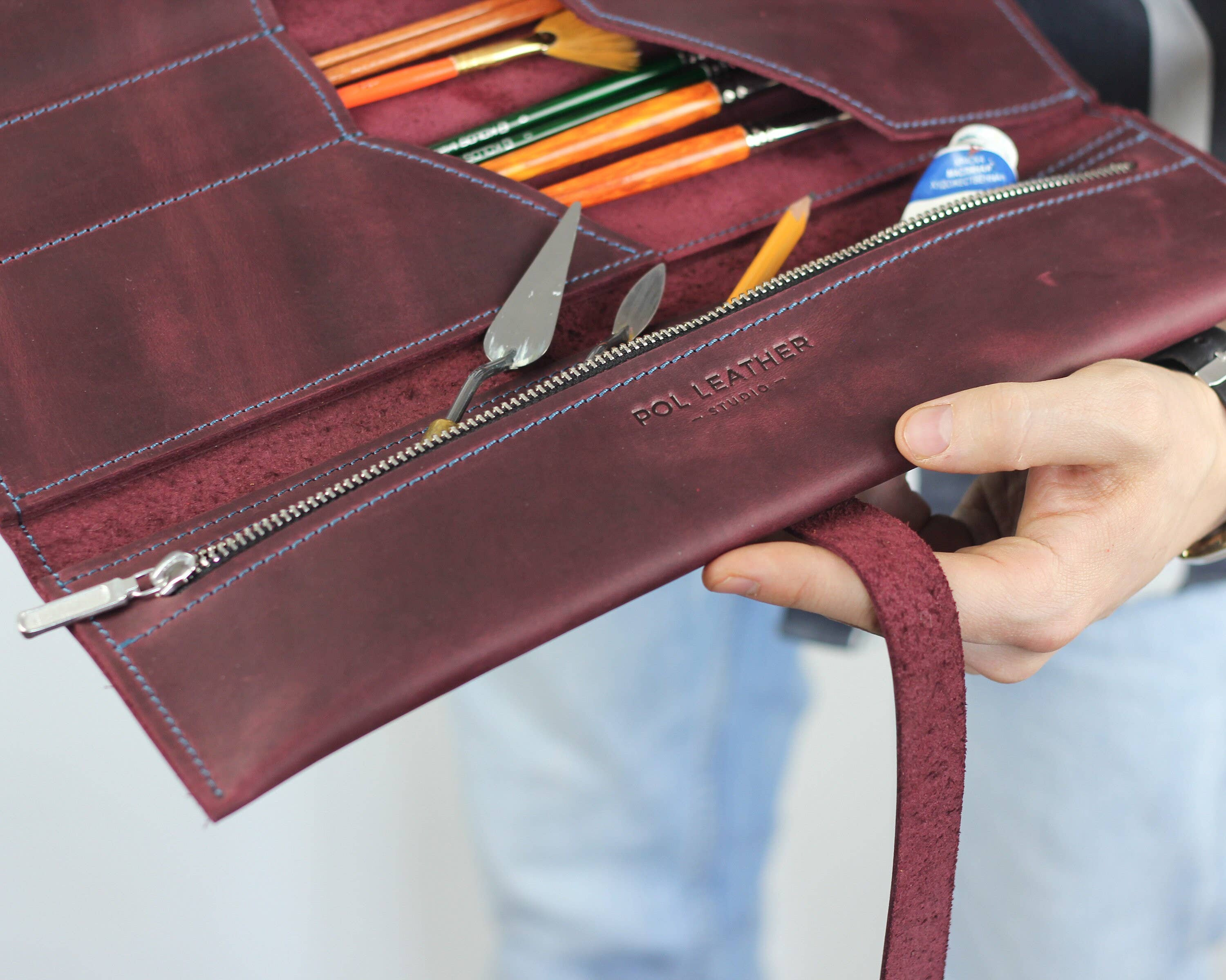 Pol Leather Studio - Wholesale Pencil Case/Pouch - Leather Pencil Roll,  Gift For Painter, Brush Case9