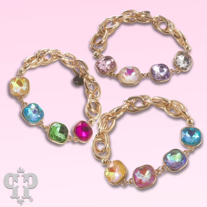 Pink Panache Brands - Wholesale Charm/Dangle Bracelet - Square colorful rhinestone and stretch gold tone bracelet