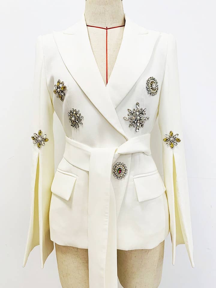 White BL077 Diamond Belted Blazer with Beaded Elegance for wholesale on Faire