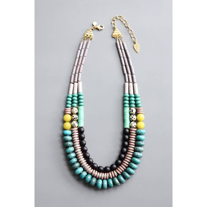 David Aubrey Jewelry - Venta al por mayor Collares de cuentas/perlas - Collar de tres hilos con cuentas de turquesa, azabache y menta