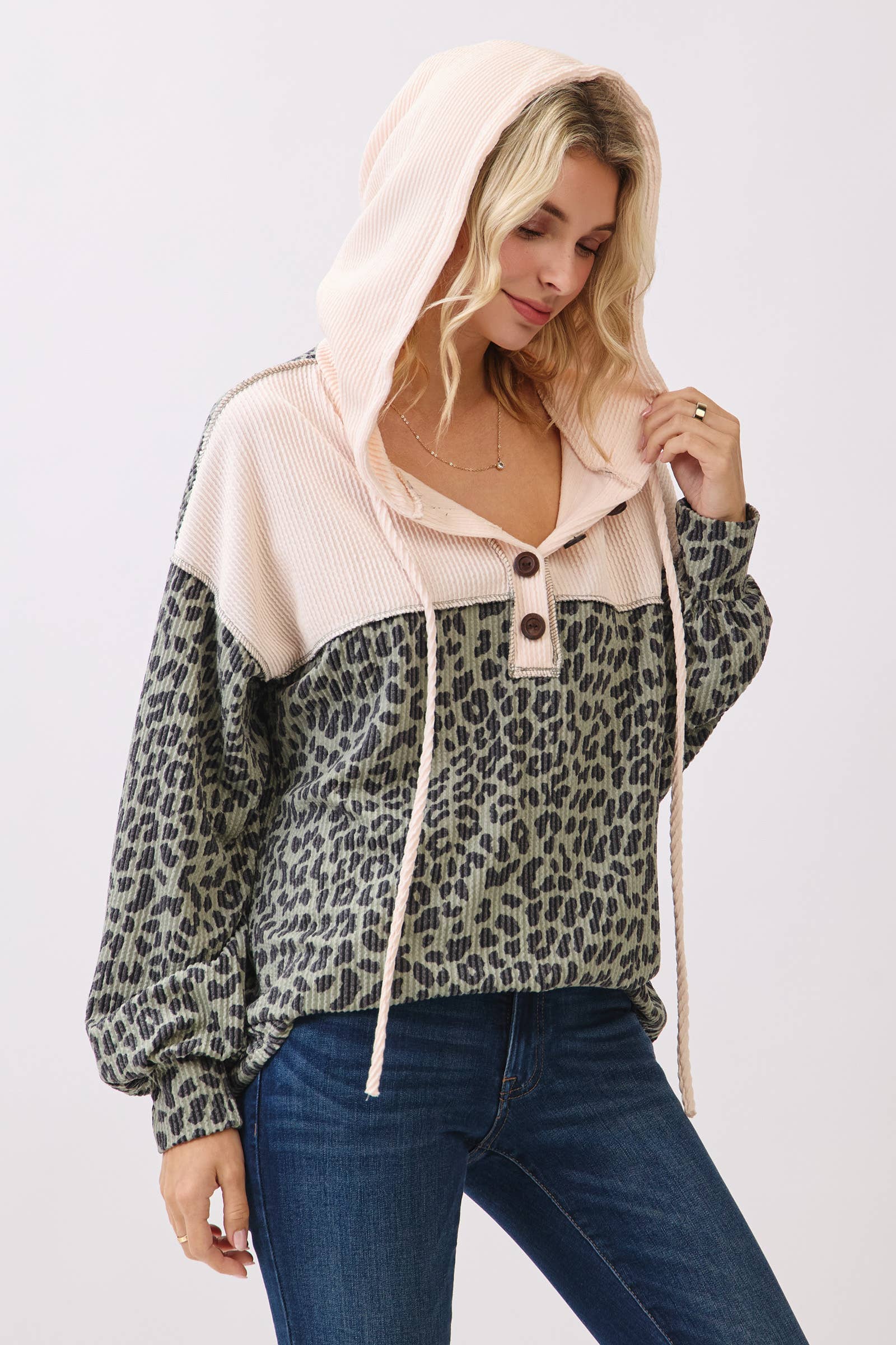 7th Ray - Wholesale Hoodie - Women's - Leopard Print Button Front Drawstring Hoodie T61153