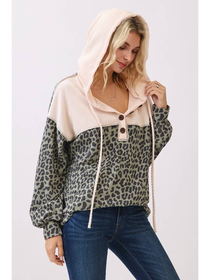 7th Ray - Wholesale Hoodie - Women's - Leopard Print Button Front Drawstring Hoodie T61153