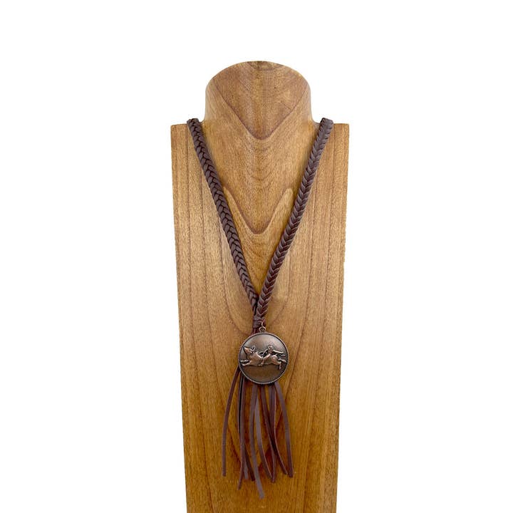 NKS230702-14 “Colar de couro trançado castanho escuro de 30 polegadas com pendente bull rider prateado” por atacado de Western Elite Jewelry
