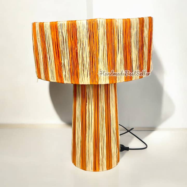 Orange Striped Raffia Table Lampshade, Woven Lamp Shade for wholesale by HandmadeBestSeller