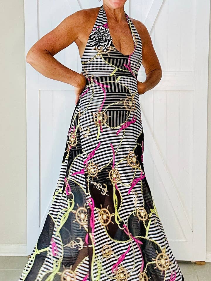 Black Stripe Mesh Halter Maxi for wholesale by Aerial Clothing sRQ