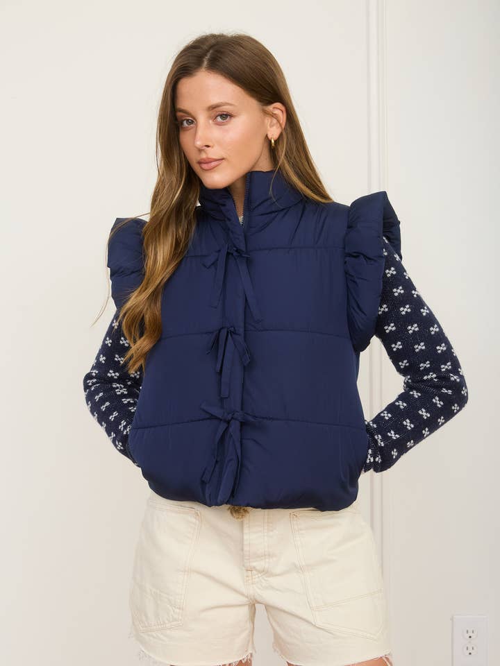 FLUTTER SLEEVE BOW DETAIL ZIP-UP PUFFER VEST for wholesale by MINE