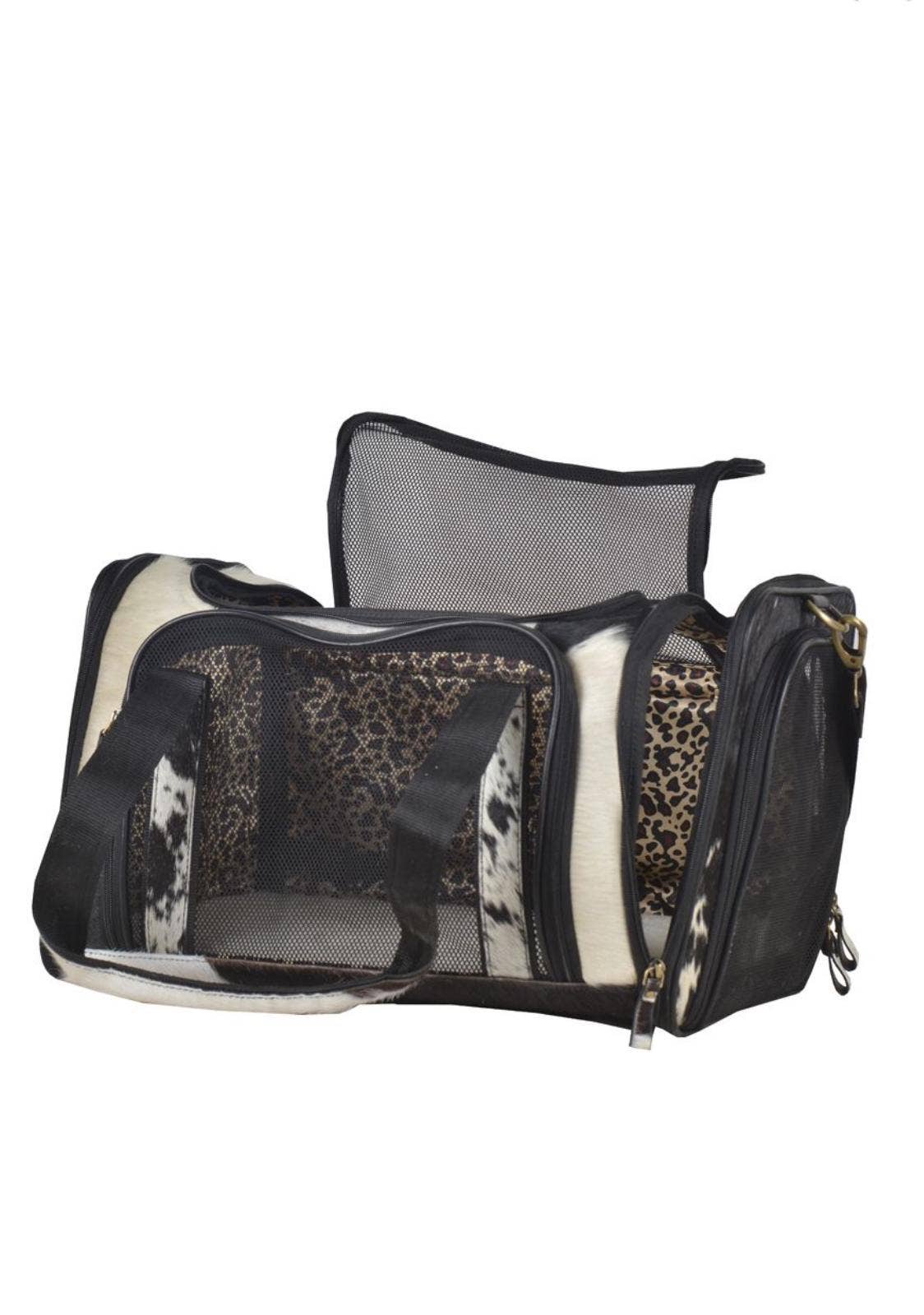 The Sterling Gypsy - Vente Caisse de transport – chat et chien - Sac de transport personnalisé en peau de vache noire et blanche avec nom de votre animal ou marque de ferme – pour chien, chat ou petit animal6