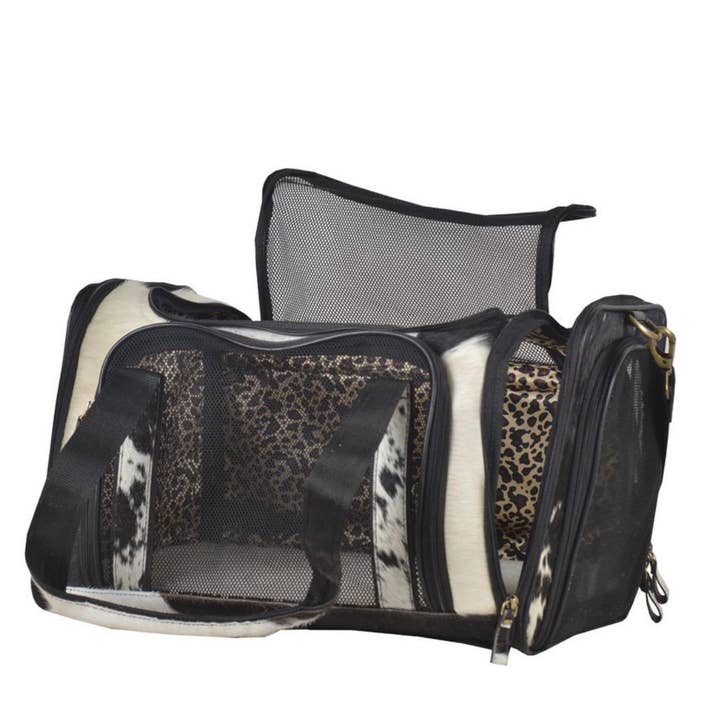 The Sterling Gypsy - Vente Caisse de transport – chat et chien - Sac de transport personnalisé en peau de vache noire et blanche avec nom de votre animal ou marque de ferme – pour chien, chat ou petit animal6