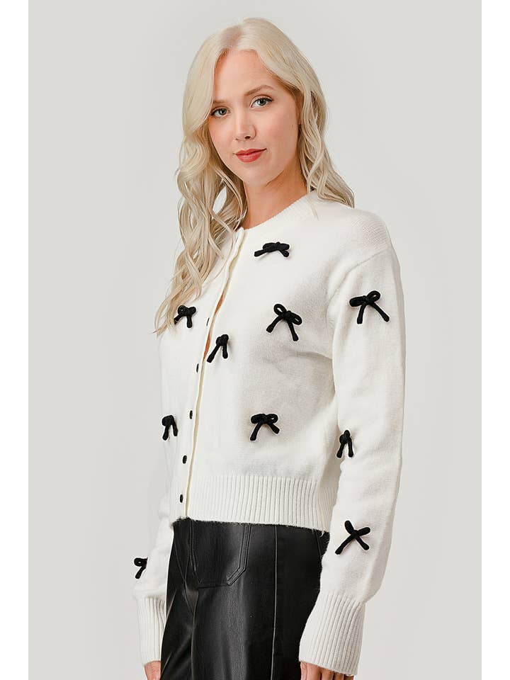 Off White Bow Embroidered Lightweight Sweater, OT50939 for wholesale on Faire