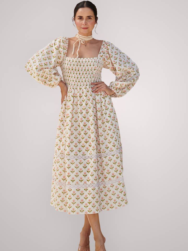 Echo of Pink – wholesale Dress – Women's – Midi Dress | Butter Yellow | Block Print Dress | Pearl Dress