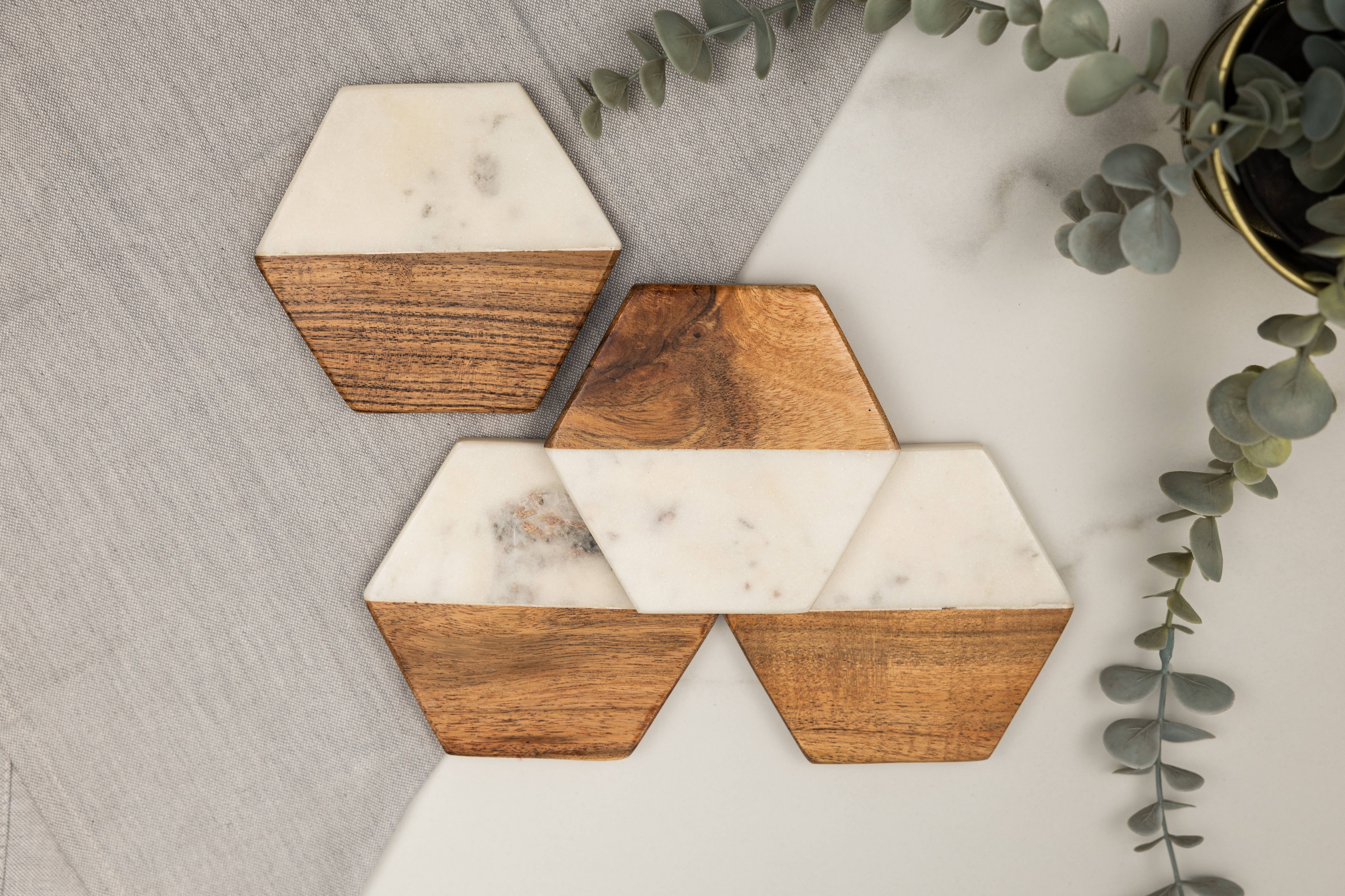 LuxeDesigns Co LLC - Wholesale Coasters - Artisan Marble and Wood Hexagon Coaster Set of 4 - White2