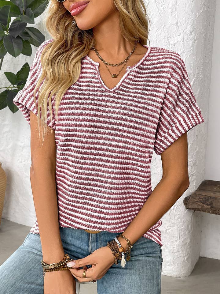 Lily Clothing - Wholesale Shirt - Women's - V-neck loose striped casual pullover T-shirt2