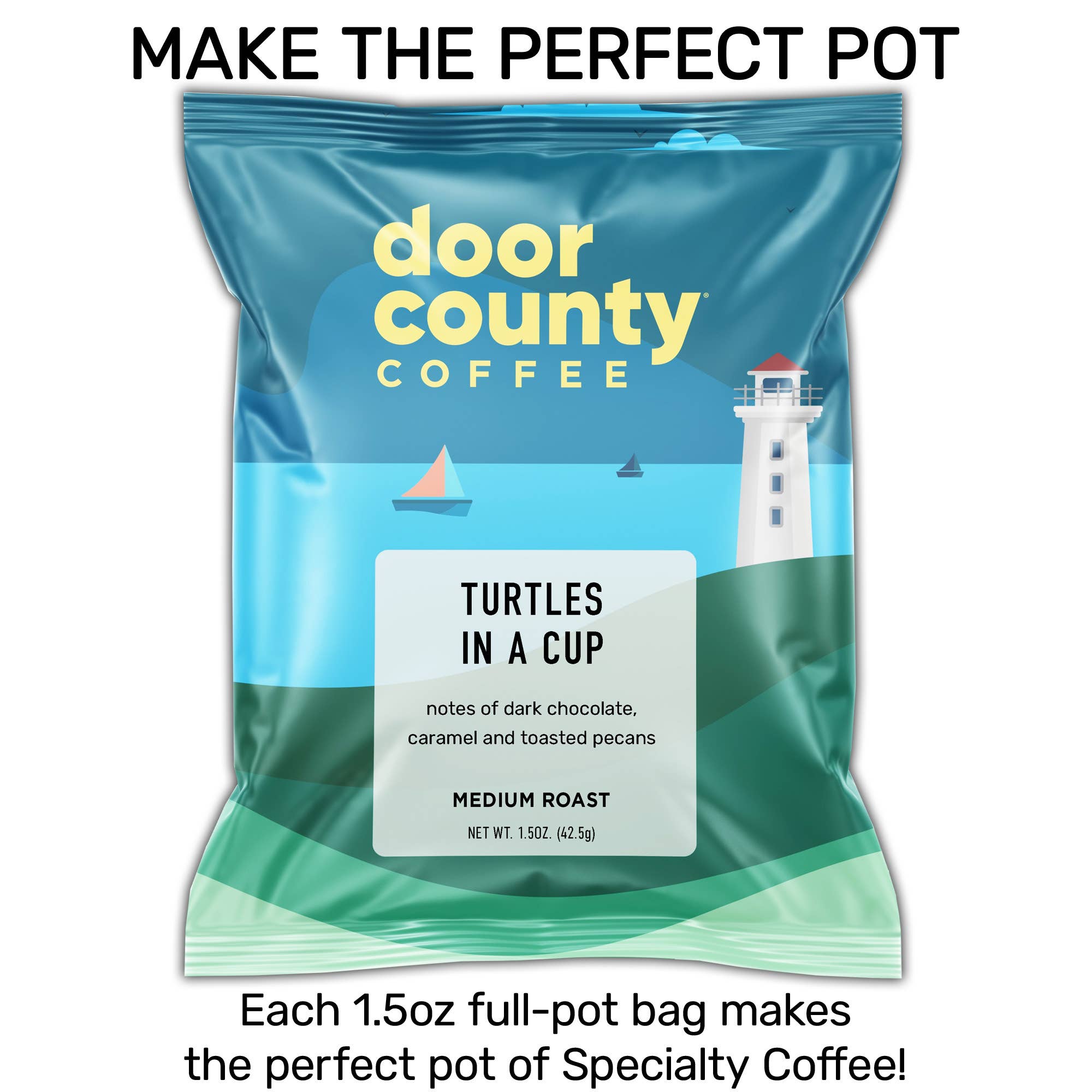 Door County Coffee - Wholesale Ground Coffee - Turtles In a Cup Flavored Specialty Coffee, 1.5oz, 6 pack1