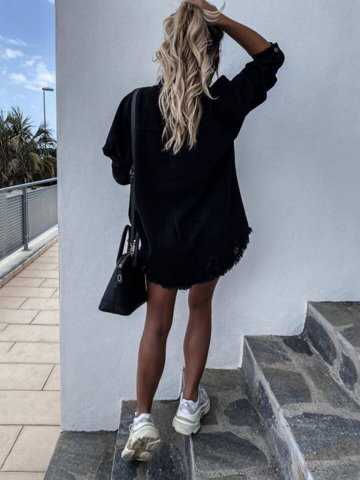 HIDDENBRAND - Wholesale Denim Jacket - Women's - Oversized ripped frayed edges denim jacket4