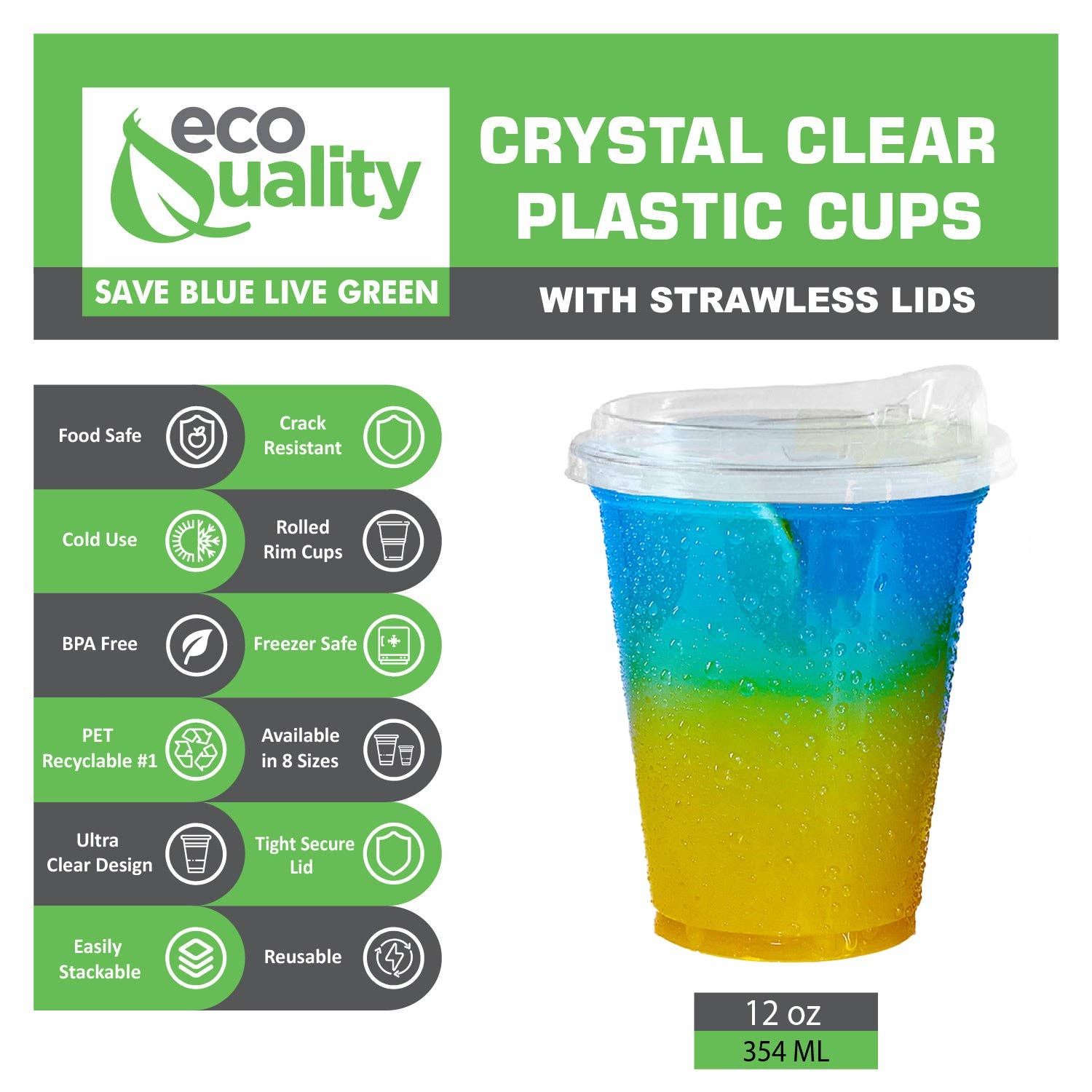 EcoQuality - Wholesale Disposable Cup - 12oz Disposable Pet Clear Plastic Smoothie Cups w/Sip Throug1