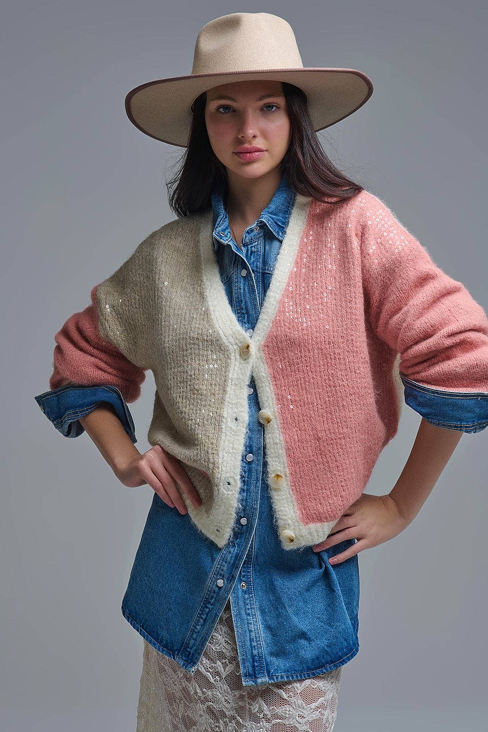 PINK Color-block Sequin V-Neck Cardigan for wholesale on Faire5