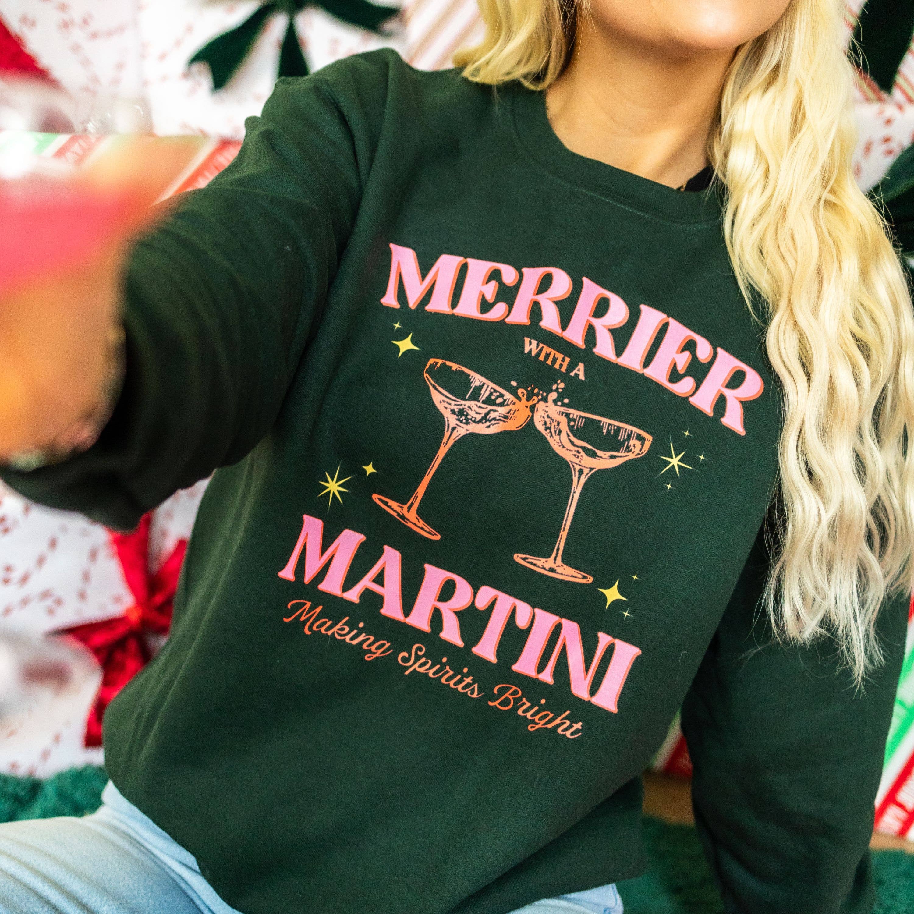 Bash - Wholesale Graphic sweatshirt – Women’s - Christmas Sweatshirt, Merrier with a Martini, Graphic Shirt