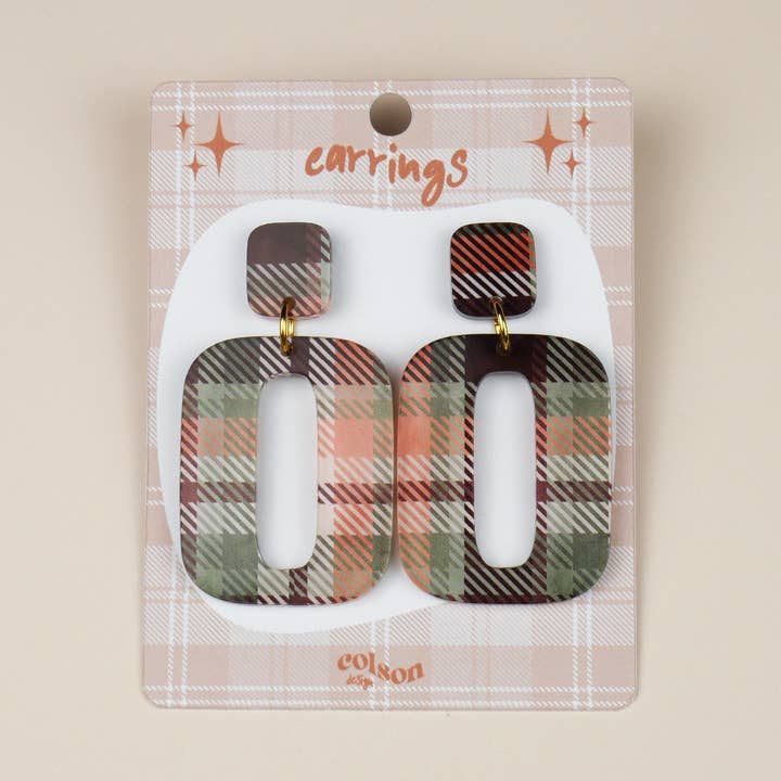 Retro Rectangle Drop Acrylic Earrings - Green Tartan for wholesale by ColsonDesign