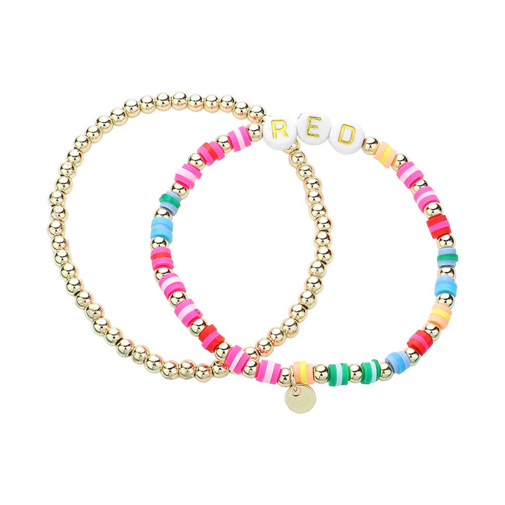 Sensibling Corp. - Wholesale Beaded Bracelet - 2PCS - RED Message Metal Ball Heishi Beaded Stretch Multi Layered Bracelets3