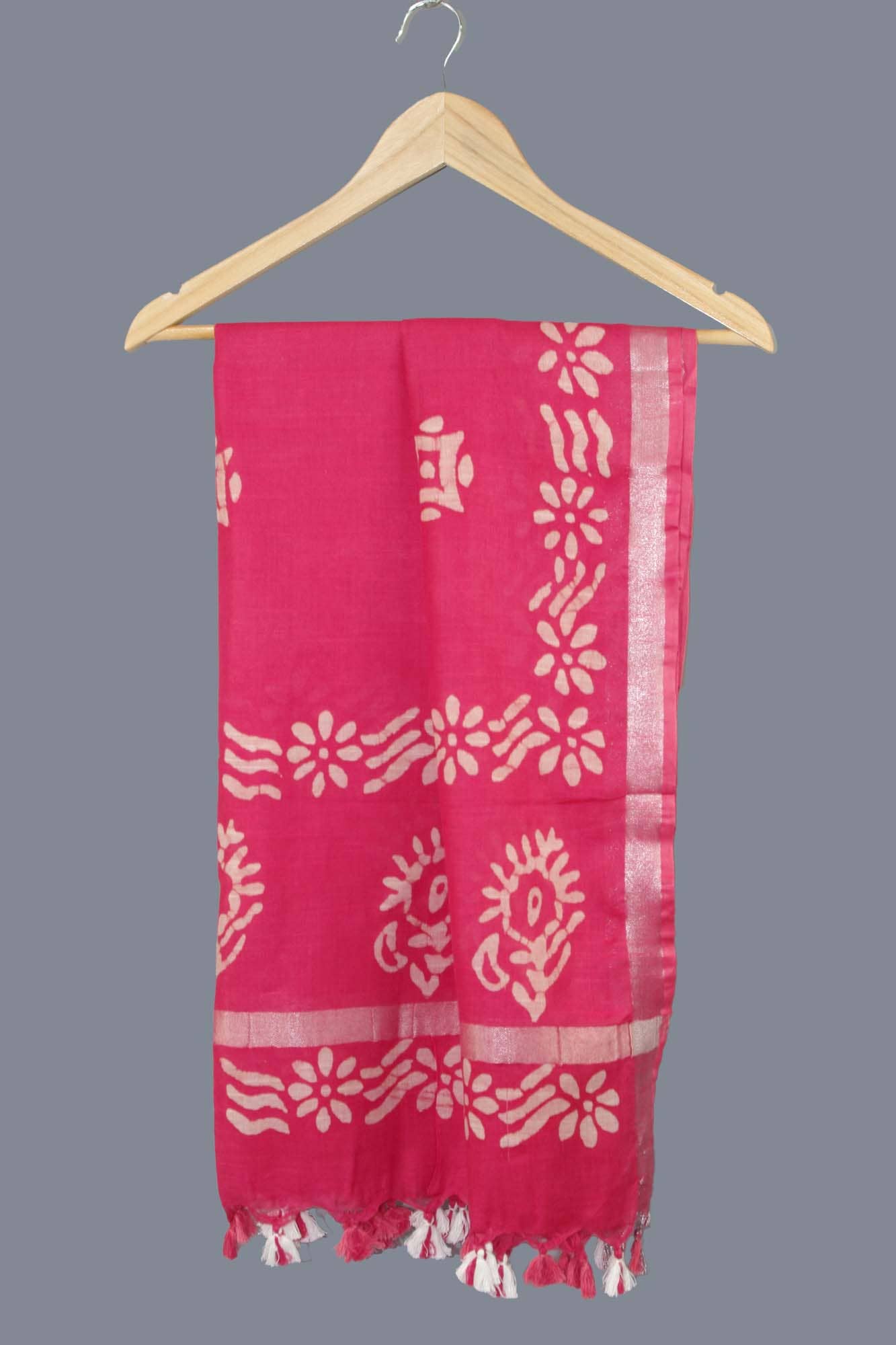 Kantha Decor – wholesale Scarf – Women's – Linen Scarf / Stole with Tussle  - Salmon Pink Batik Print0
