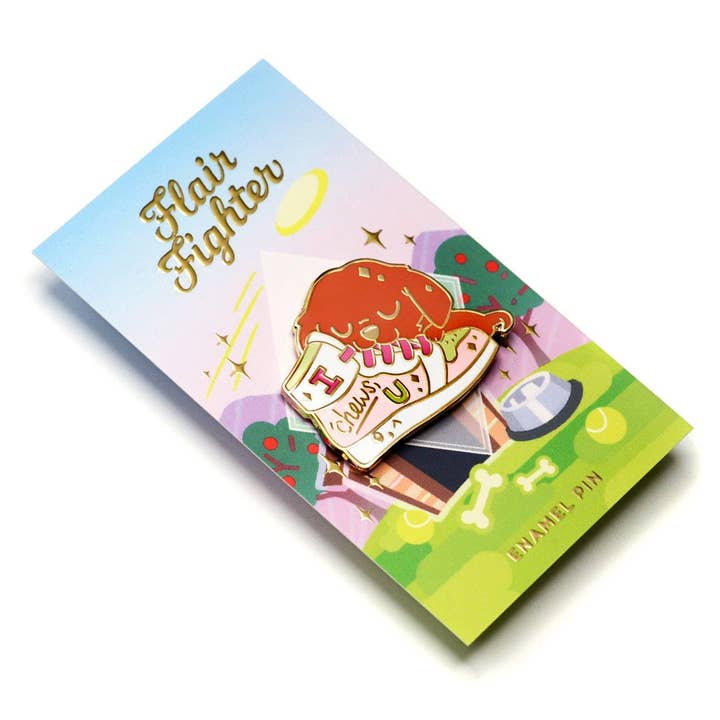 Flair Fighter – wholesale Lapel pin/button – "I Chews U" Golden Retriever Shoe Enamel Pin, father's day2