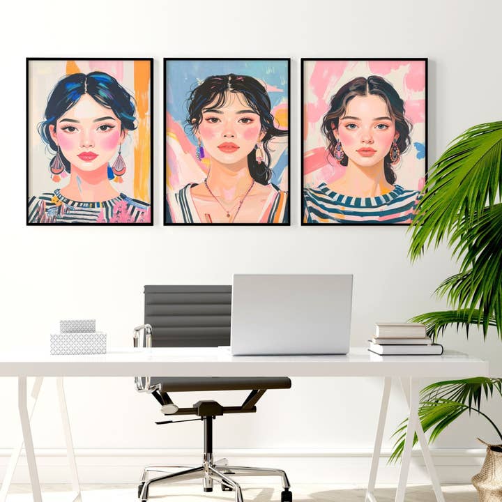 Large Framed Pictures | Set of 3 Boho Women Wall art Prints for wholesale by About Wall Art