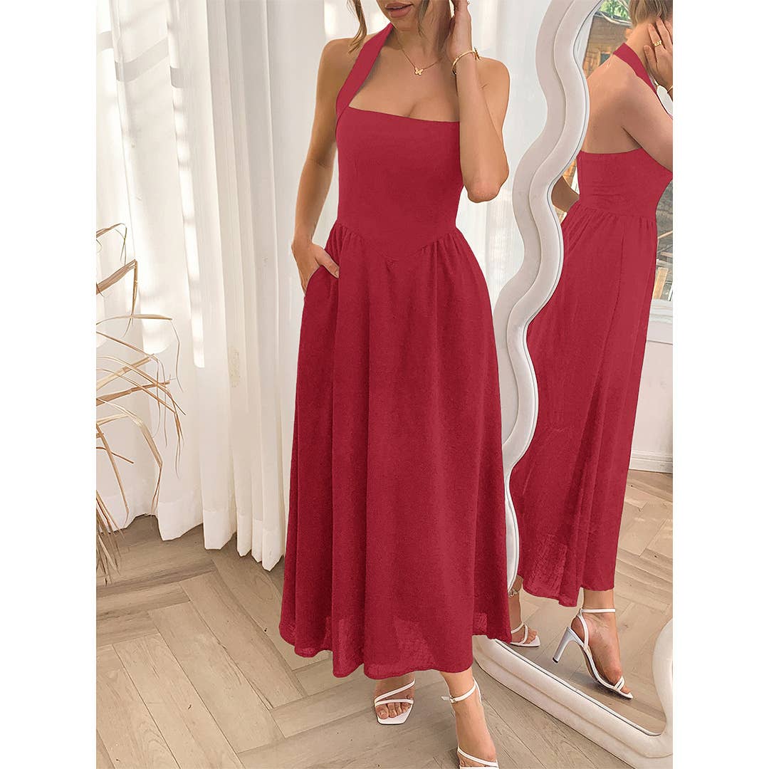 UNISHE - Wholesale Dress - Women's - Vacation Style Halter Neck Waist-Tie Maxi Dress DY3727