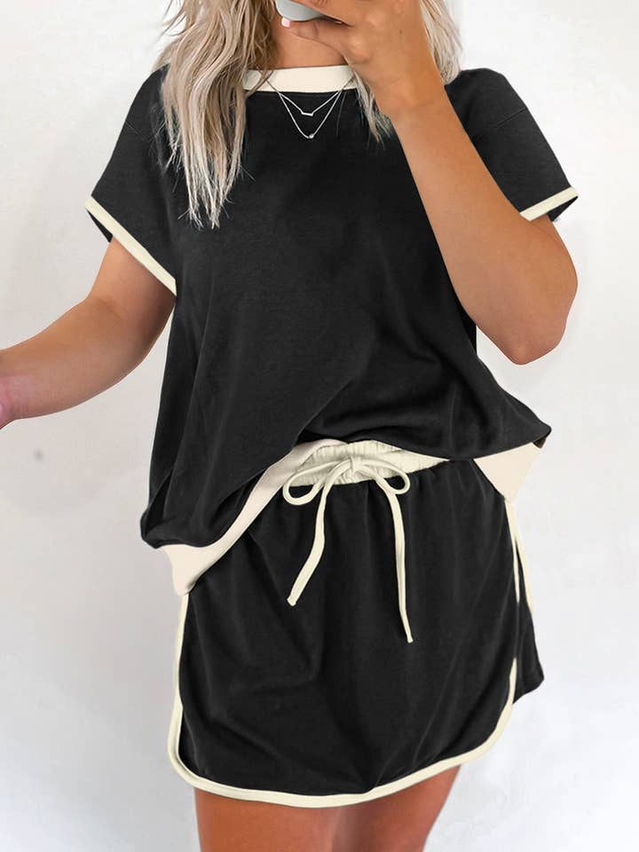 Lovesoft – wholesale Set med topp och kjol - Dam – Bonbon färgblock kant dropp axel T-shirt och skort 2-delars set3