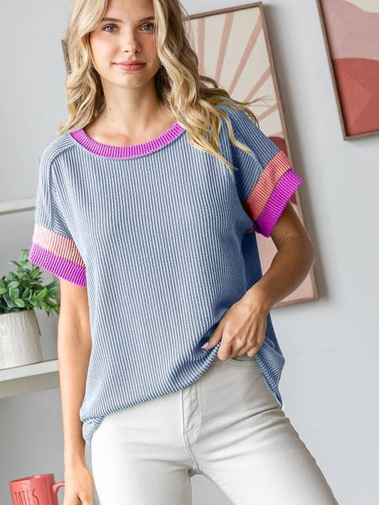 RIBBED COLOR BLOCK CONTRAST SHORT SLEEVE TOP for wholesale by Pink Irene Wholesale