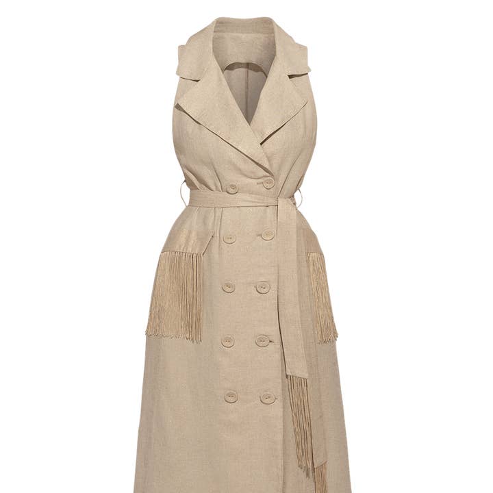 ABITO MIDI SENZA MANICHE IN LINO CON FRANGE - ESSENTIALS per la vendita all'ingrosso da parte di Fashion Roots