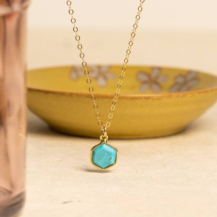 Turquoise Hexagon Shape Gold Pendant Necklace for wholesale by Soul & Little Rose