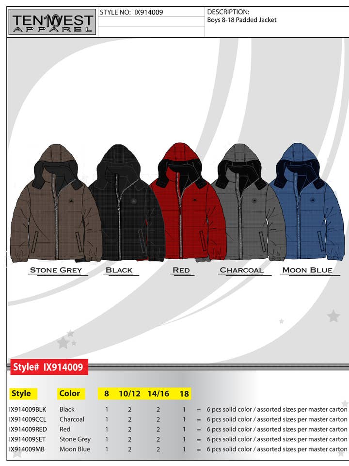 Gewatteerde jas voor jongens 8-18 - Stone Grey voor wholesale door Ten West Apparel