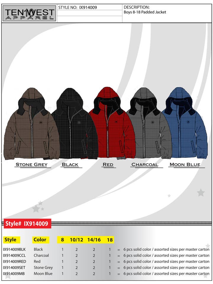 Vadderad jacka för pojkar 8-18 - Charcoal för wholesale av Ten West Apparel